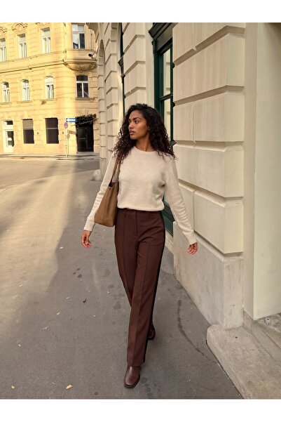 Juuuj Brown Woven Fabric High Waist Wide Leg Comfortable Fit Pants with Strip...
