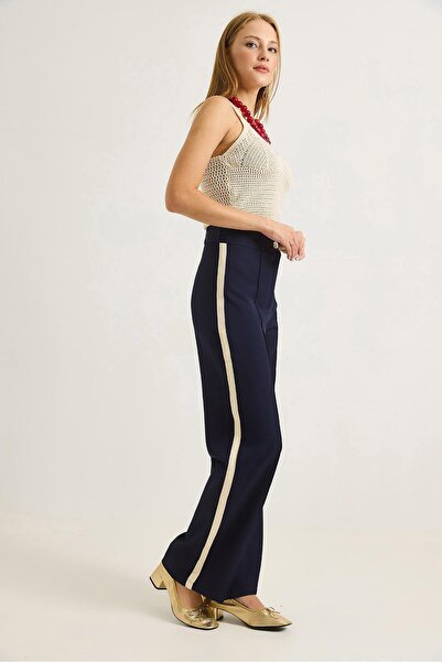 Juuuj Navy Blue Polyester Fabric High Waist Wide Leg Pants with Stripe Detail...