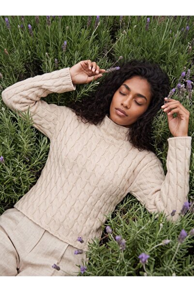 Juuuj Beige Knitted Knitwear Fabric Turtleneck Hair Braid Detail Relaxed Cut ...