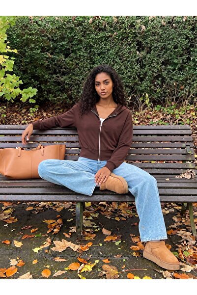 Juuuj Brown Modal Fabric Hooded Long Sleeve Comfortable Fit Zippered Sweat Ca...