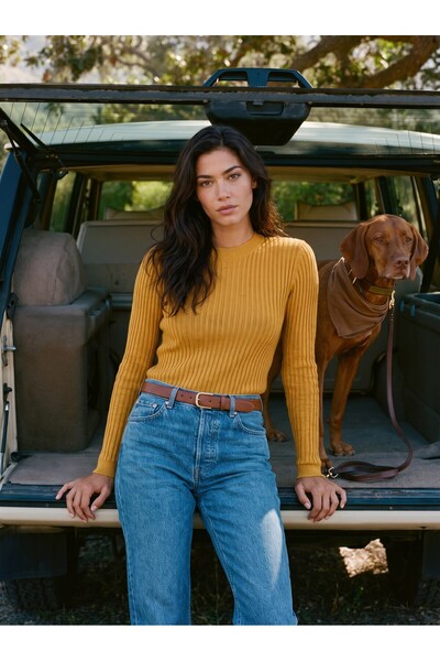 Juuuj Mustard Knitwear Knitted Fabric Crew Neck Long Sleeve Slim Fit Ribbed T...