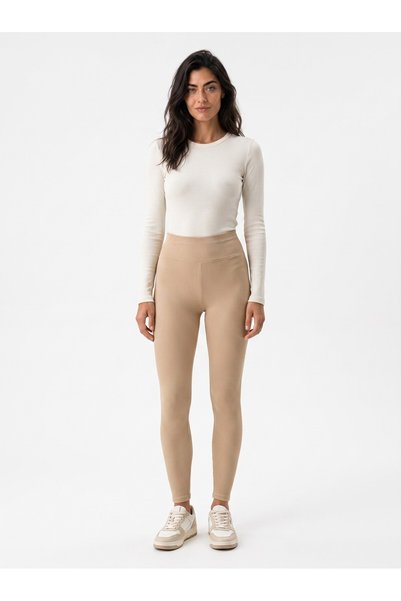 Juuuj Beige Ribbed Polyester Fabric High Waist Gathering Effect Stretchy Textured Knitted Tights