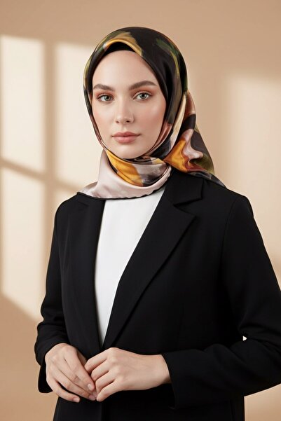 VİOLLA Twill Yağlı Boya Desenli Haki Renkli 90x90 Eşarp (İpek İçermez) Kenar ...