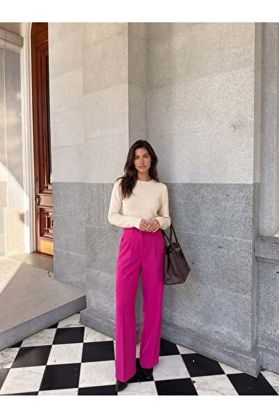 Juuuj Fuchsia Woven Fabric High Waist Elastic Adjustable Detailed Wide Leg Wi...