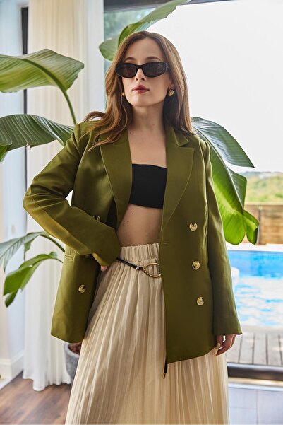 Juuuj Haki Polyester Kumaş Kruvaze Kapama Oversize Astarlı Uzun Kollu Blazer ...