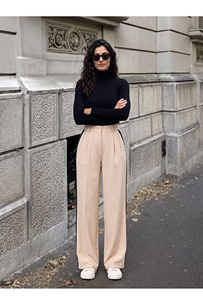 Juuuj Beige Polyester Fabric High Waist Palazzo Cut Wide Leg Trousers with St...