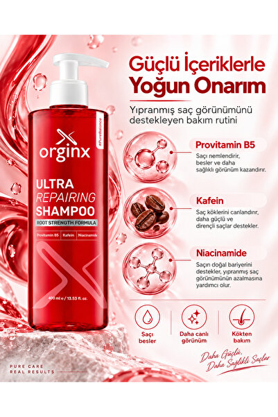 Orginx Saç Dökülmesine Karşı Hızlı Saç Uzatan Dolgunlaştırıcı Onarıcı & Güçlendirici Şampuan 400 ml – Kafein, Niacinamide, Provitamin B5