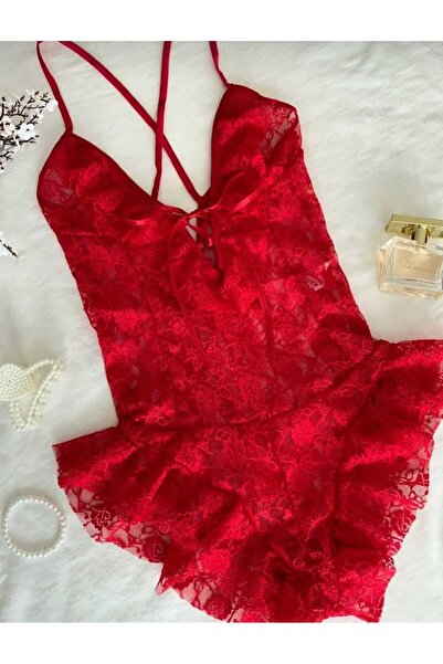 EFİL EFİL Kadın Kırmızı Özel Babydoll Tek Parça Sırtı Açık Bodysuit Dantelli,...