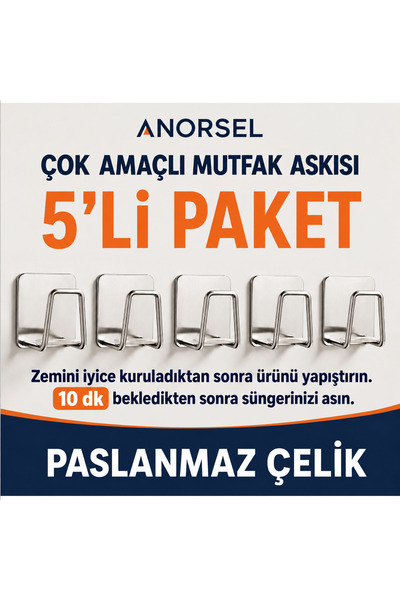 Anorsel 5Li paket Paslanmaz Krom Yapışkanlı Bulaşık Süngeri Tutucu Ve Evye Dü...
