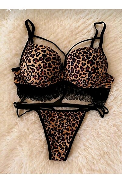 BERZÜM Kadın Seksi Leopar Desenli İç Çamaşırı Takımı 5 Parça Zincir Detaylı D...