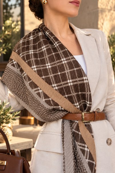 İNİTİUM 90*90 Coffee Tone Plaid Pleated Cotton Scarf