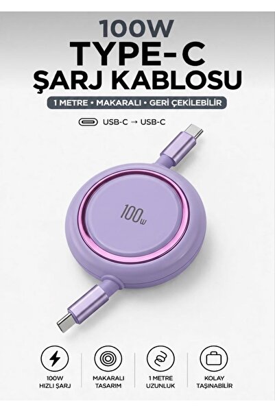 Loop 100W Type-C to Type-C Makaralı Hızlı Şarj Kablosu – Çek-Bırak Otomatik Toplanan Gelişmiş Tasarım (Tablet, Telefon Uyumlu)