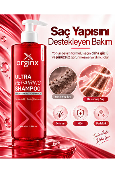 Orginx Saç Dökülmesine Karşı Hızlı Saç Uzatan Dolgunlaştırıcı Onarıcı & Güçlendirici Şampuan 400 ml – Kafein, Niacinamide, Provitamin B5