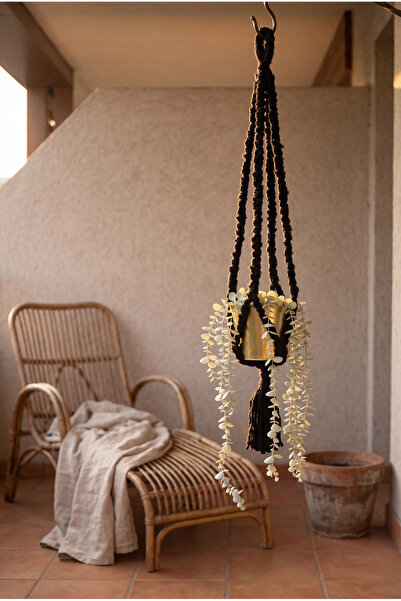 Love Macrame El Yapımı Siyah Makrome Bitki Askısı 100 cm Bohem Saksı Askılığı...