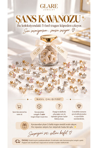 GLARE JEWELRY CO Şans Kavanozu 5 adet Arkası Düz Tragus Helix Modeli Piercing...