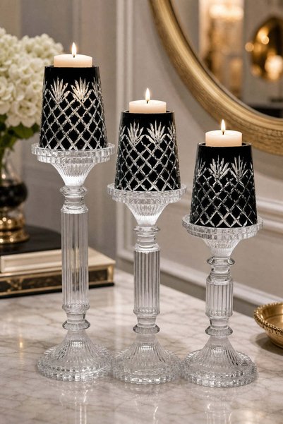Kristal Market El Yapımı Kristal Desenli Siyah Lüks Mumluk Şamdan Set 3'lü