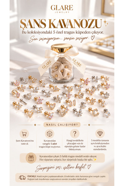 GLARE JEWELRY CO Şans Kavanozu 5 adet Arkası Düz Tragus Helix Modeli Piercing...