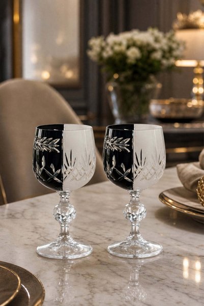 Bohemia Kristal Çift Renk Siyah Beyaz Kadeh Mixed Color Model 2 Adet