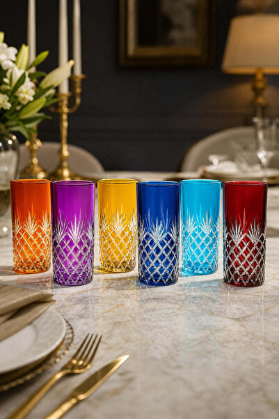 Kristal Market Handcrafted Cut Crystal Large Soft Drink Glass Set of 6 Colorf...