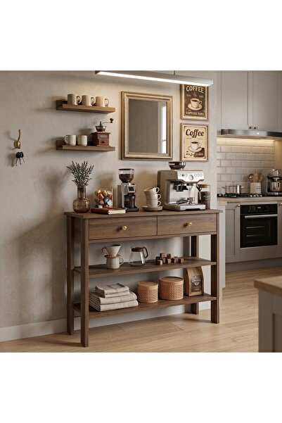 Home 90 CM MANDOSİ ÇİFT ÇEKMECELİ ÇOK AMAÇLI DOLAP KAHVE KÖŞESİ DRESUAR CEVİZ