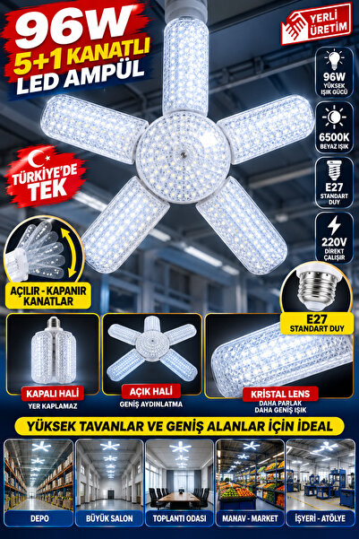 96W YÜKSEK IŞIKLI 5 Artı 1 KANATLI LED AMPÜL YÜKSEK TAVAN GENİŞ ODA LAMBASI