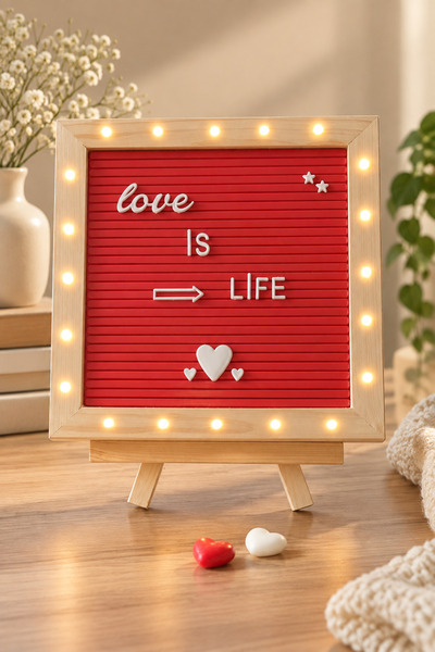 fikirstore Led Işıklı Kırmızı Ahşap Mesaj Panosu Yazı Tahtası Beyaz Renk Harf...