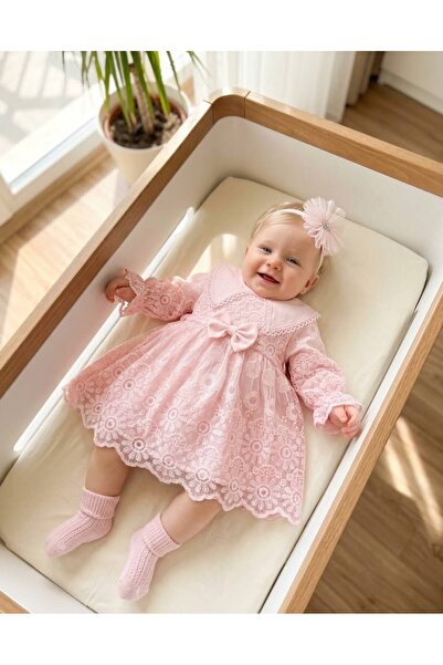 Bebila Baby Kız Bebek Mevlütlük Elbise Bandanalı Dantelli Yenidoğan Hastane ç...