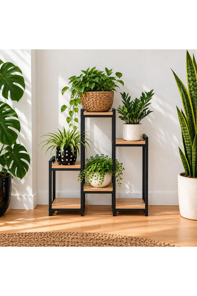 TOPRAK E-TİCARET Metal Saksılık Garden 4 Ahşap Raflı Dekoratif Saksı Standı K...