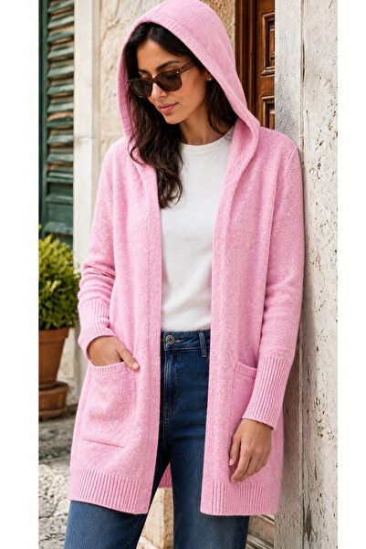 STYLENEST Kadın Açık Pembe Uzun Triko Hırka Cepli Kapüşonlu Yumuşak Dokulu Ör...