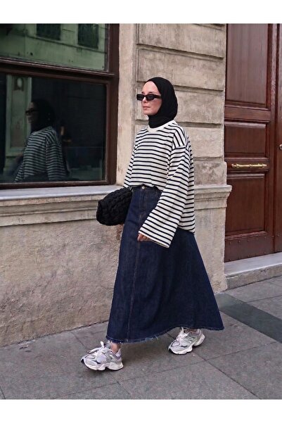 Sade Scarfs Koyu Lacivert Çizgili Oysho kumaş Oversize tişört