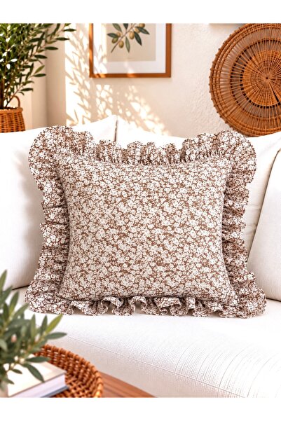 Decamor home Coton Pamuklu Kumaş Kahverengi Mini Çiçekli Fırfırlı Kırlent Kıl...