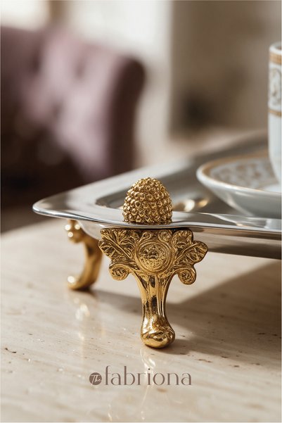 FABRIONA Sultan Gold Tepsi Paslanmaz Çelik Gold & Gümüş Söz Nişan Nikah Çay Kahve Sunum Tepsisi 22x22 cm