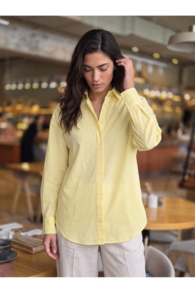 Juuuj Yellow Stretchy Textured Shirt with Collar and Low Shoulder Design, Ove...