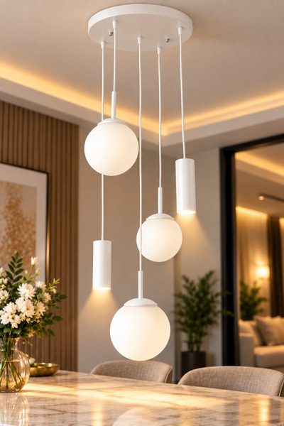 VENON RANA 5.Lİ YUVARLAK BEYAZ ✨ 2 Spot Led ✨ 3 BEYAZ GLOP CAMLI ✨ Modern Sır...