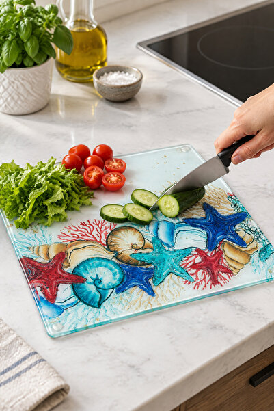 MAKRİ HOME Cam Kesme Tahtası Kırılmaz Temperli 25x35 cm Deniz Kabukları Desen...