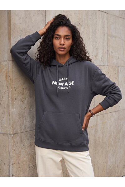 Juuuj Anthracite Cotton Blend Hooded Low Shoulder Oversize Sweatshirt with Ka...