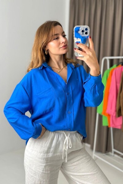 Juuuj Mavi Polyester Dokuma Kumaş Uzun Kollu Basic Form Tek Cep Detaylı Düğme...