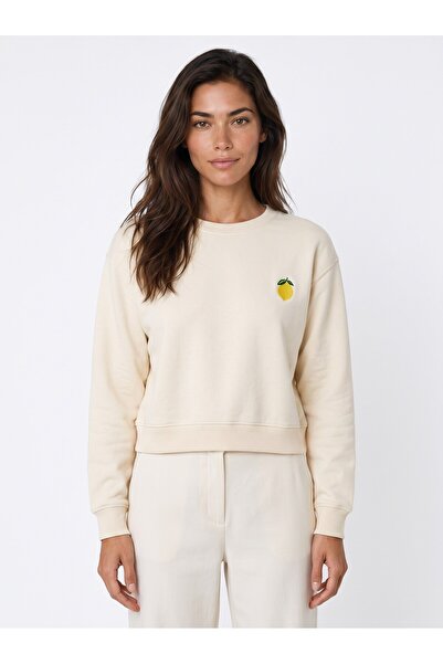 Juuuj Cream Cotton Blend Crew Neck Long Sleeve Sweatshirt with Ribbed Cuffs a...