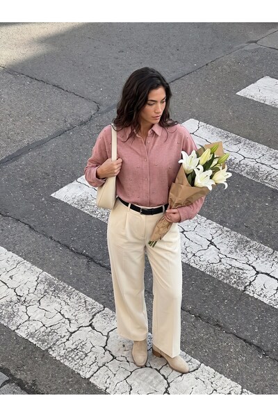 Juuuj Rose Dried Cotton Fabric Shirt Collar Drop Shoulder Buttoned Stone Deta...