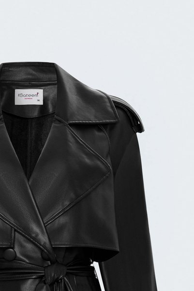 Sateen Long Leather Trench - Black