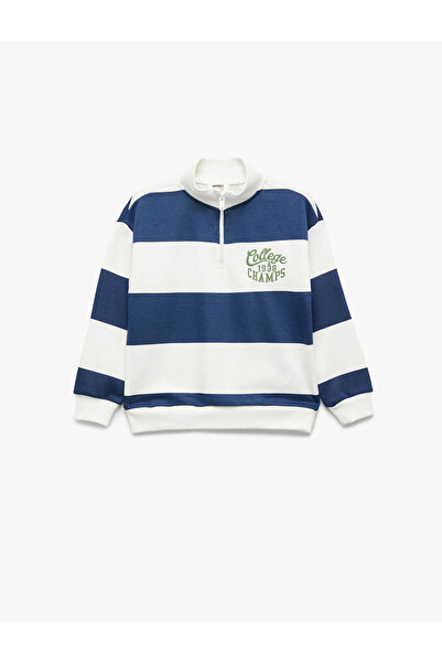 Koton Yarım Fermuarlı Dik Yaka Oversize Çizgili Ekru Erkek Çocuk Sweatshirt 7...
