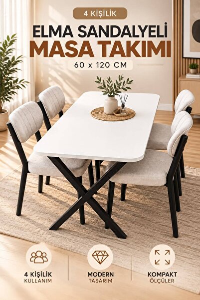 60x120 Yemek Masası Mutfak Masası 4 Kişilik Masa Sandalye Takımı Elma Sandalye