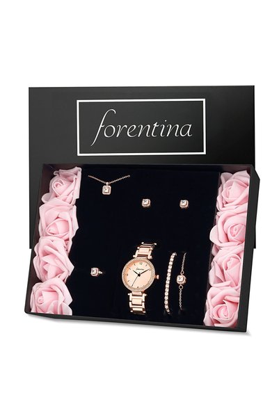 Forentina Rose Tektaş Kolye Küpe Bileklik Yüzük Saat Kalpli Yastık Hediye Set PS3398