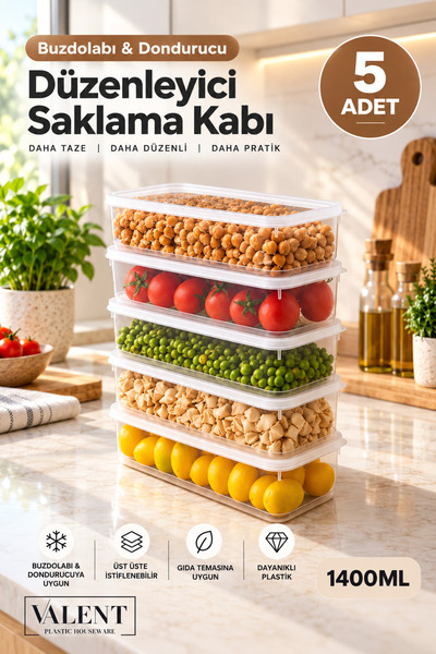 VALENT Fresh 5'li Sızdırmaz Erzak Saklama Kabı 1400ml - Şeffaf - Buzdolabı Dü...