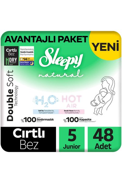 Sleepy Natural Double Soft Avantajlı Paket Bebek Bezi 5 Numara Junior 48 Adet