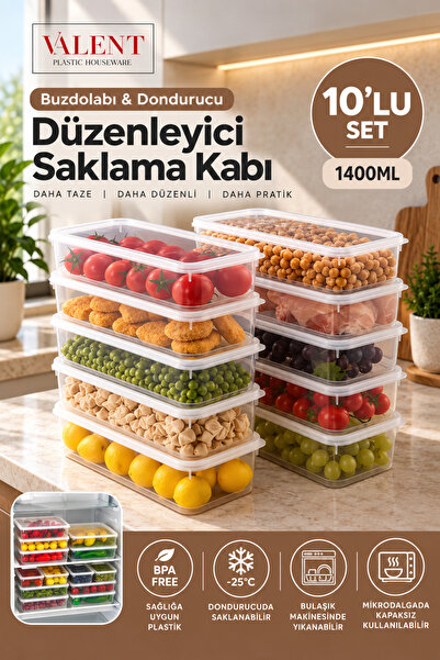 VALENT Fresh 10'lu Sızdırmaz Erzak Fresh Saklama Kabı 1400ml - Şeffaf - Buzdo...