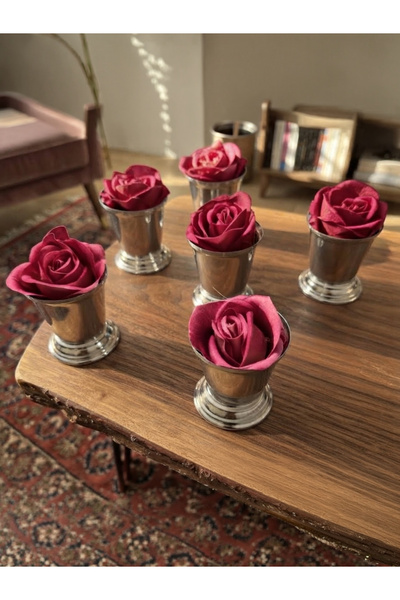 Elzemm store DEKORATİF GÜMÜŞ KAPLAMA 6 ADET GÜL KOVASI PEMBE RENK GÜL DAHİLDİR