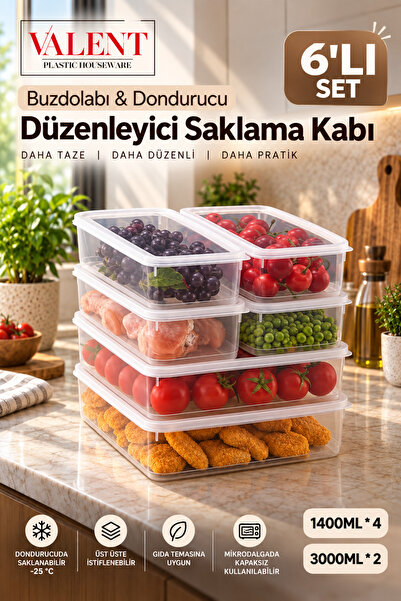 VALENT Fresh 6'lı Set Sızdırmaz Saklama Kabı 2 adet 3000ml 4 adet 1400ml - Şe...