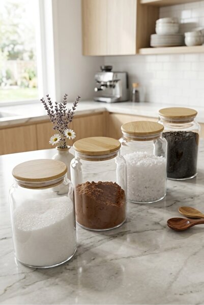 ÖZ HOME 4-Piece Vacuum Bamboo Lid Glass Storage/Organization Jar 800 ml