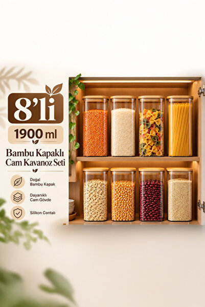 Porsima 7-4 Bambu Vakumlu Kapaklı Kare Borosilikat Cam 8li Kavanoz Seti Sakla...